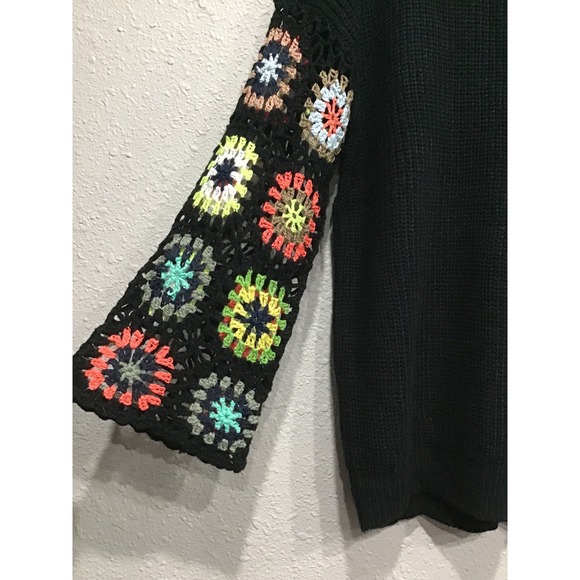 Black Oversized Granny Square Crochet Sweater Flare Sleeve Boho Indie Women's S - Picture 4 of 8